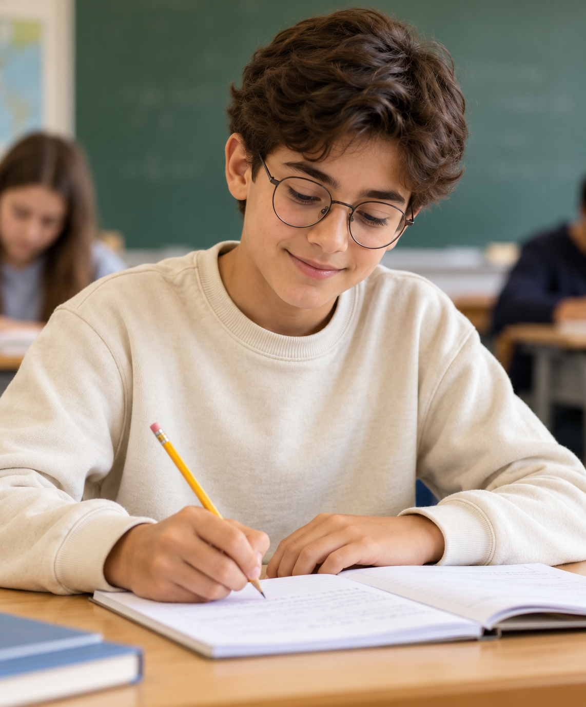 Student writing in a school notebook