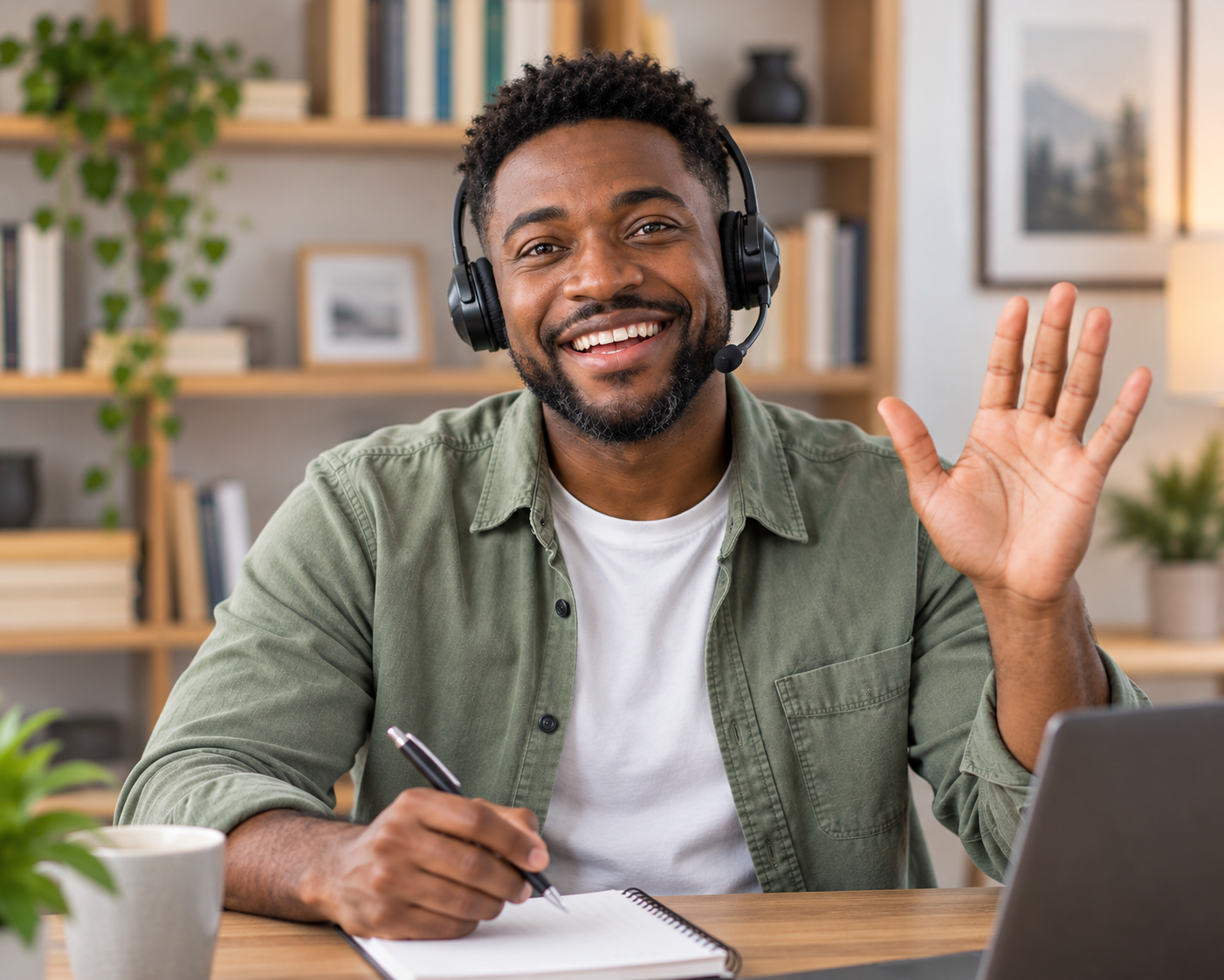 Online teacher greeting learners with a headset