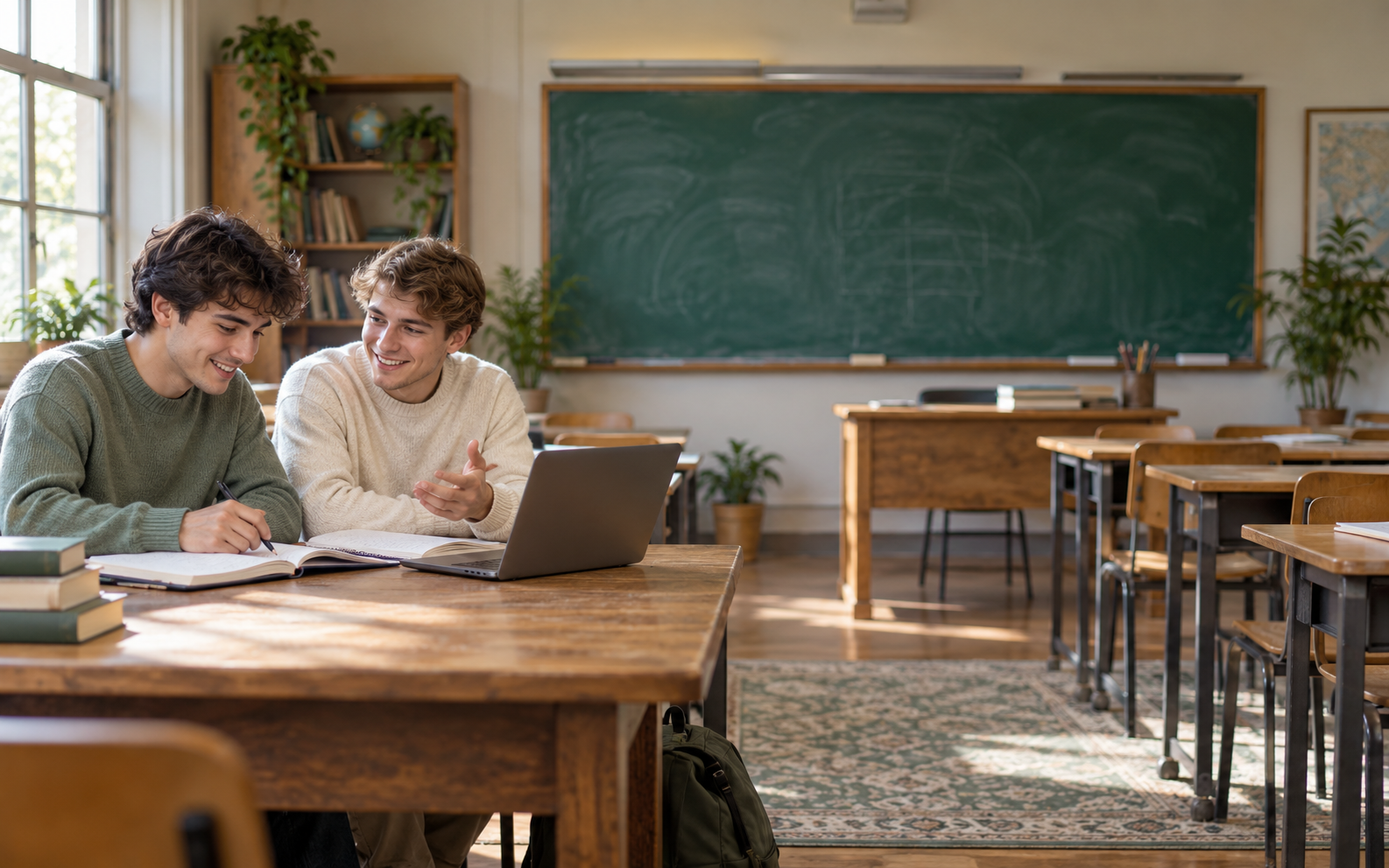 Two male students studying together in a classroom